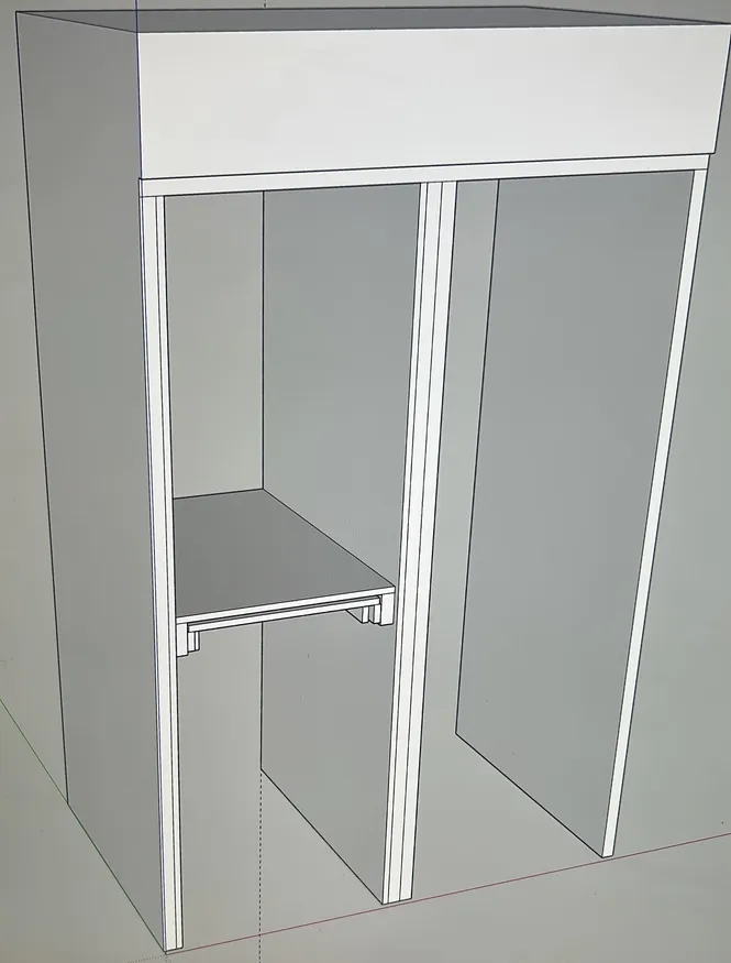3D design of a cupboard housing stacked appliances with a pull-out shelf