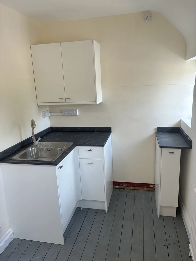 Small Howdens kitchen for a bedsit: sink run, wall unit and space for the cooker